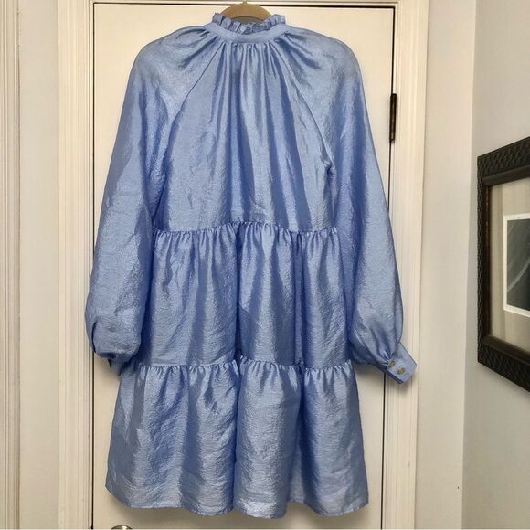 Stine Goya Jasmine Mini Dress Light Blue Tiered Trapeze Shift Taffeta V-Neck S - Picture 7 of 11